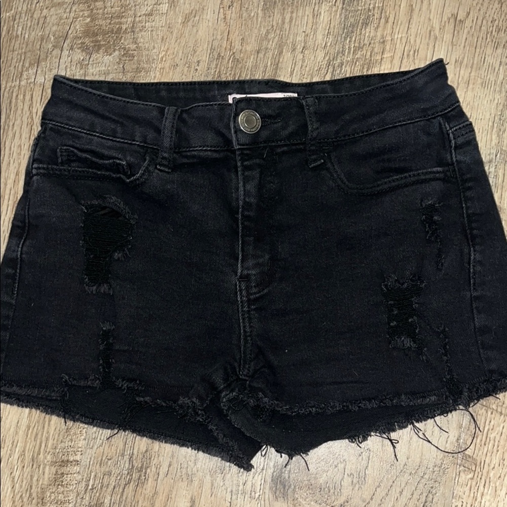 Black Distressed High waisted Denim‎ Shorts - Picture 1 of 3